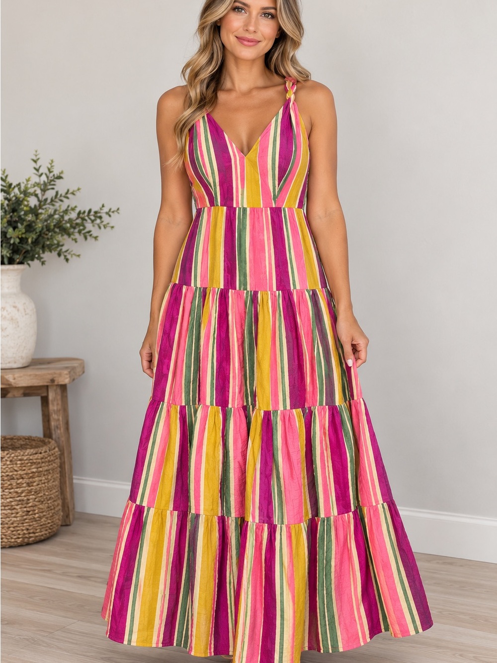 Taylor Multicolor Striped Tiered Maxi Dress